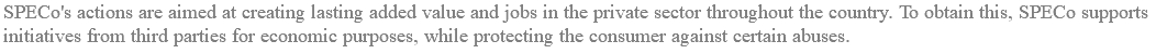 SPECo's actions are aimed at creating lasting added value and jobs in the private sector throughout the country. To obtain this, SPECo supports initiatives from third parties for economic purposes, while protecting the consumer against certain abuses.
